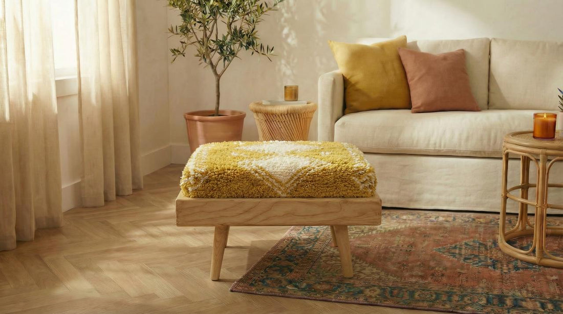 Moroccan boho Ottoman I Handcrafted Wooden Stool & Footrest hippy foot stool