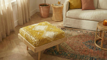 Moroccan Boho Ottoman I Handcrafted Wooden Stool & Footrest, Yellow, close-up detail view 3 – Boho Sofa